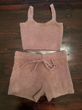 Harlow Plush Two-Piece Lounge Set - Taupe shirt S shorts M